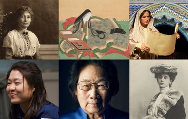 .r.n.l. Fatima Al-Fihri, Murasaki Shikibu, Emmeline Pankhurst, Anna Pavlolva, Tu Youyou, Yi So-Yeon; Bildquellen: Wikipedia.