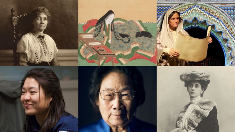 .r.n.l. Fatima Al-Fihri, Murasaki Shikibu, Emmeline Pankhurst, Anna Pavlolva, Tu Youyou, Yi So-Yeon; Bildquellen: Wikipedia.